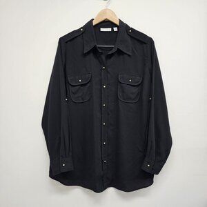 Susan Graver Size 1X Black Long Sleeve Blouse Top  Roll Tab Sleeve Gold Buttons